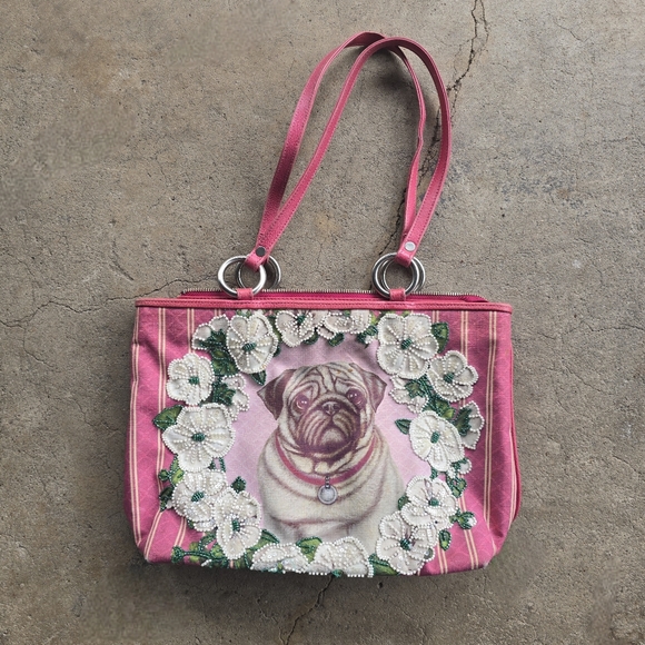 Isabelle Fiore Vintage Pug Dog Purse Handbag Beaded Striped Bag Floral Y2K - Picture 1 of 6